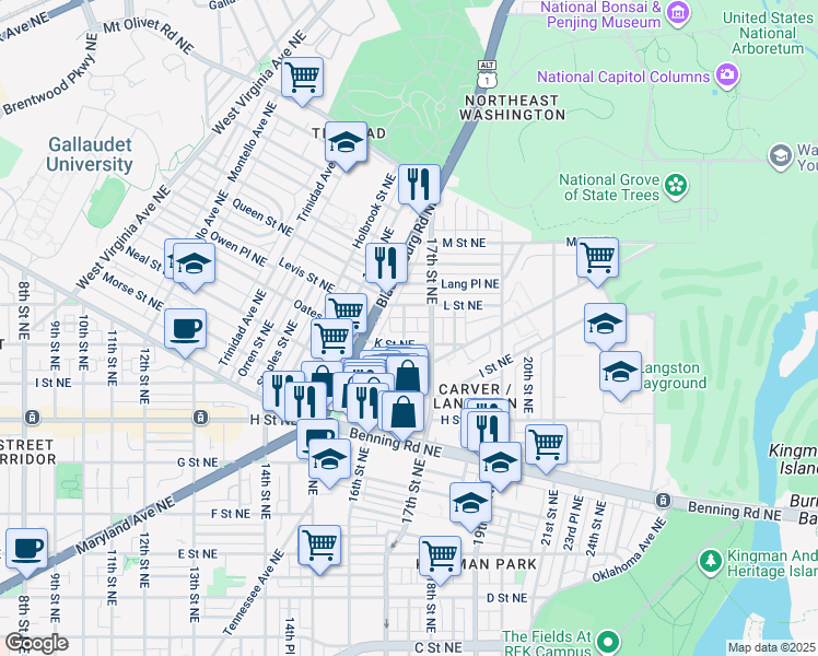map of restaurants, bars, coffee shops, grocery stores, and more near 101 Independence Avenue Southeast in Washington
