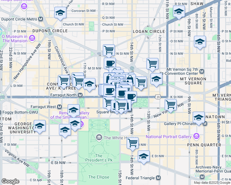 map of restaurants, bars, coffee shops, grocery stores, and more near 1015 15th Street Northwest in Washington