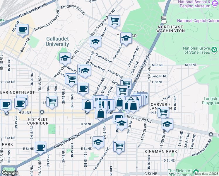 map of restaurants, bars, coffee shops, grocery stores, and more near 1302 Staples Street Northeast in Washington