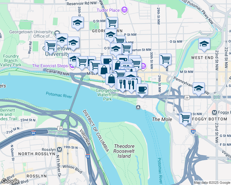 map of restaurants, bars, coffee shops, grocery stores, and more near 3245 K Street Northwest in Washington