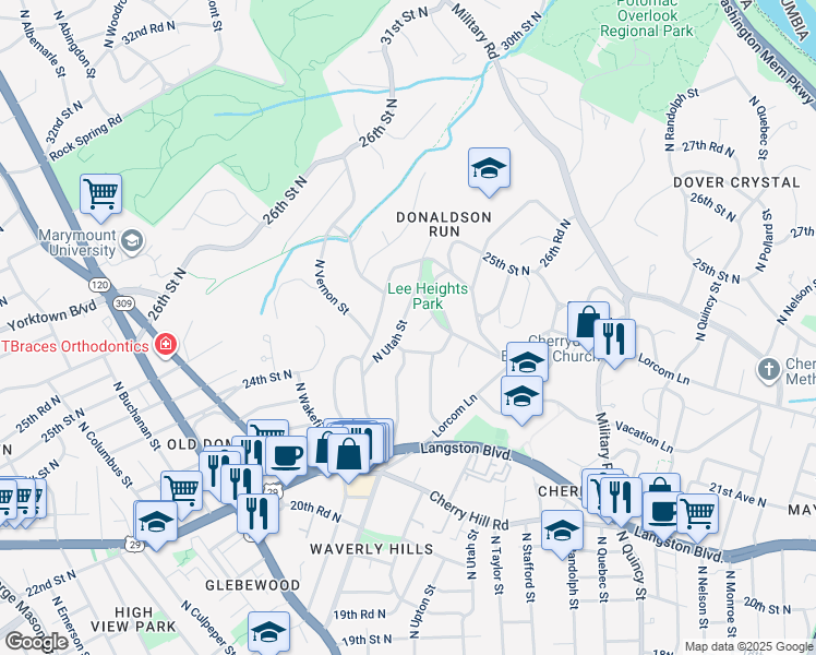 map of restaurants, bars, coffee shops, grocery stores, and more near 2421 North Utah Street in Arlington