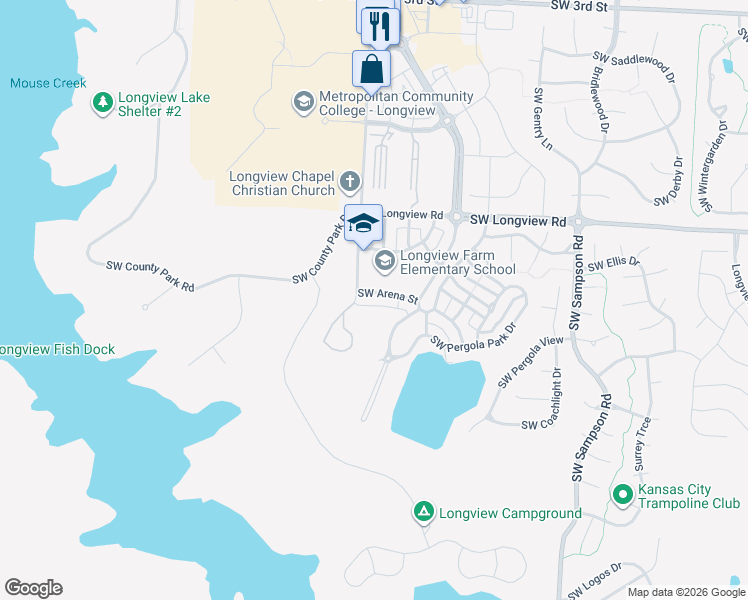 map of restaurants, bars, coffee shops, grocery stores, and more near 3340 Southwest Arena in Lee's Summit