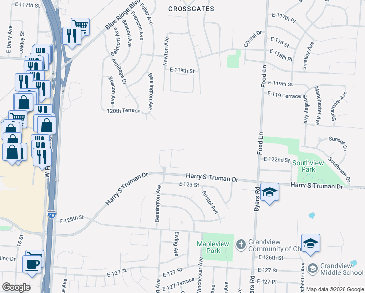map of restaurants, bars, coffee shops, grocery stores, and more near 12201 Ewing Avenue in Grandview