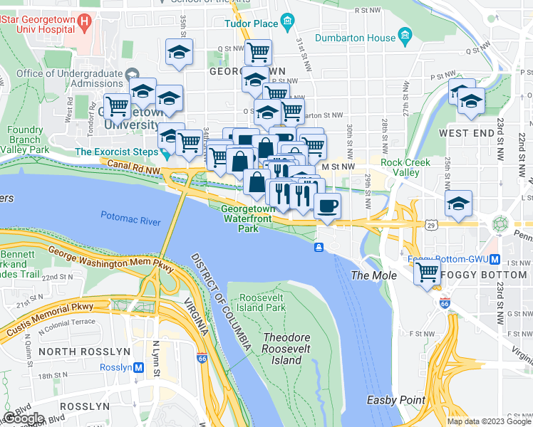 map of restaurants, bars, coffee shops, grocery stores, and more near 3245 K Street Northwest in Washington