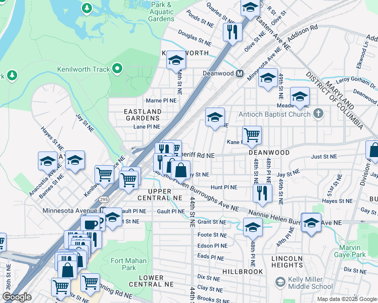 map of restaurants, bars, coffee shops, grocery stores, and more near 4338 Sheriff Road Northeast in Washington