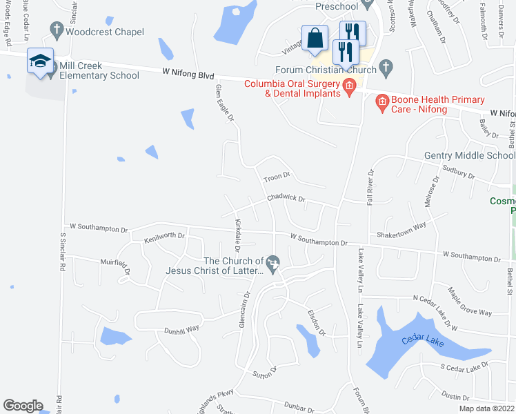 map of restaurants, bars, coffee shops, grocery stores, and more near 4506 South Fallwood Court in Columbia