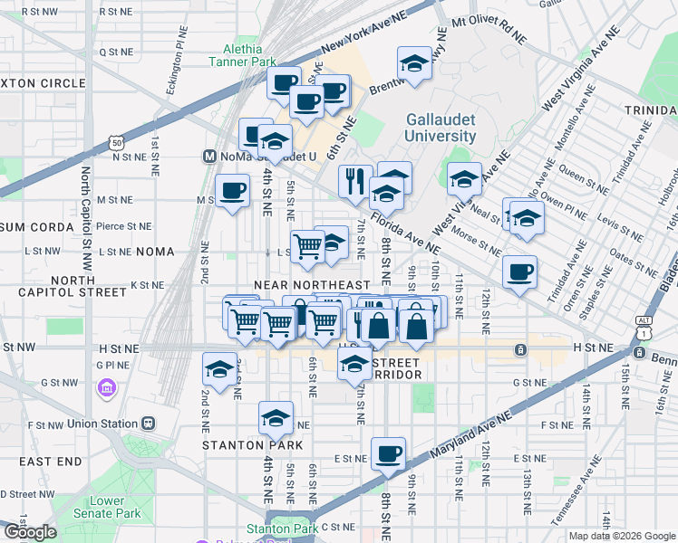 map of restaurants, bars, coffee shops, grocery stores, and more near 101 Independence Avenue Southeast in Washington