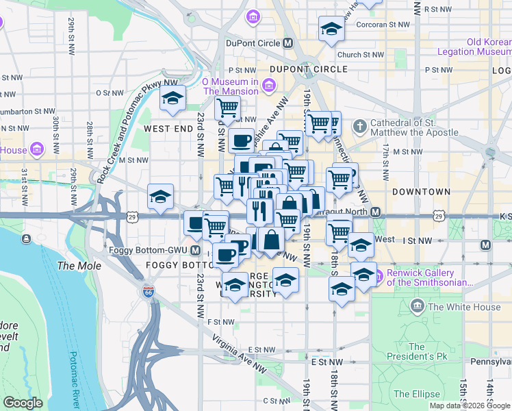 map of restaurants, bars, coffee shops, grocery stores, and more near 21st Street Northwest in Washington