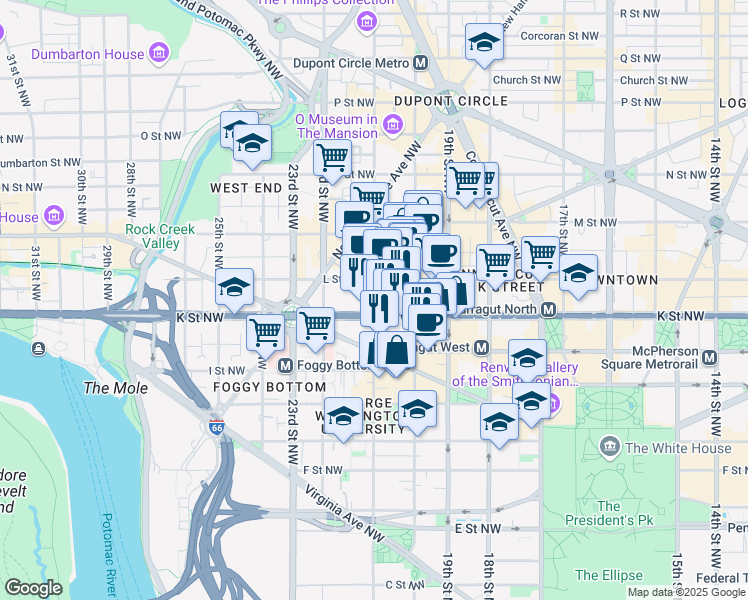 map of restaurants, bars, coffee shops, grocery stores, and more near 21st Street Northwest in Washington