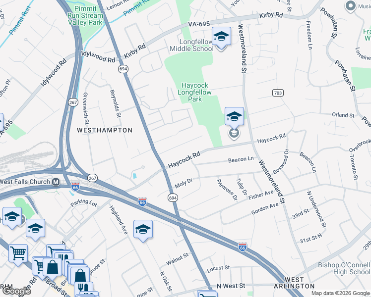 map of restaurants, bars, coffee shops, grocery stores, and more near 6727 Montour Drive in Falls Church