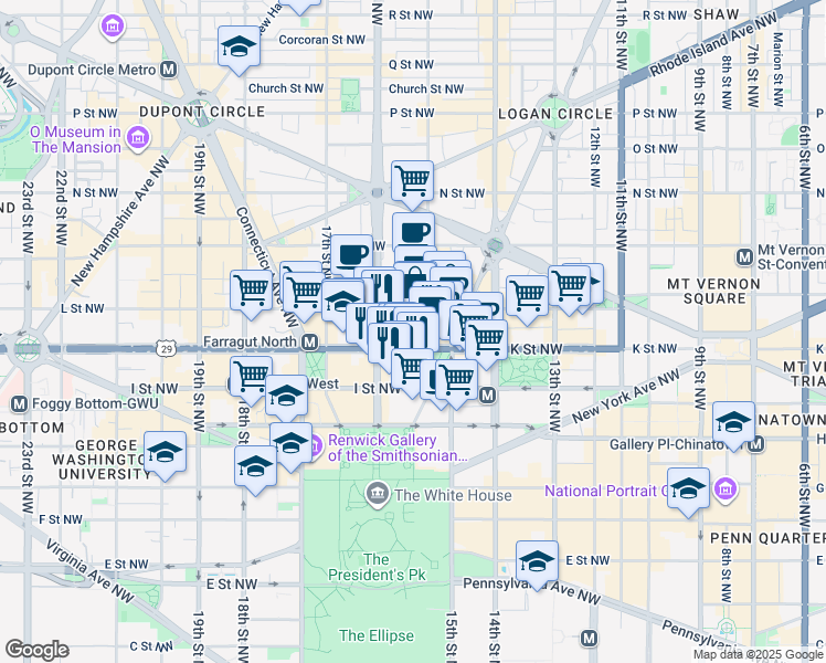 map of restaurants, bars, coffee shops, grocery stores, and more near 1501 K Street Northwest in Washington