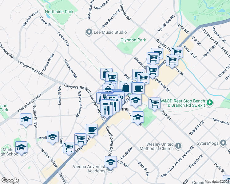 map of restaurants, bars, coffee shops, grocery stores, and more near 120 Church Street Northeast in Vienna