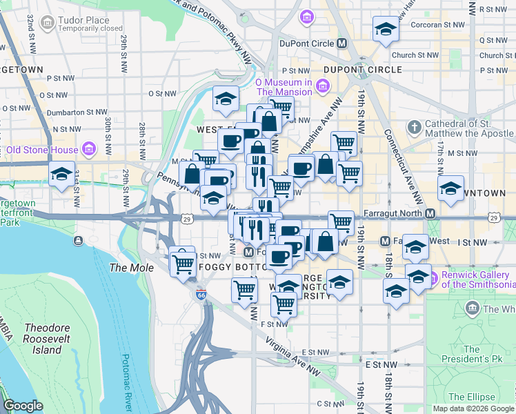 map of restaurants, bars, coffee shops, grocery stores, and more near 811 Washington Circle Northwest in Washington, D.C.