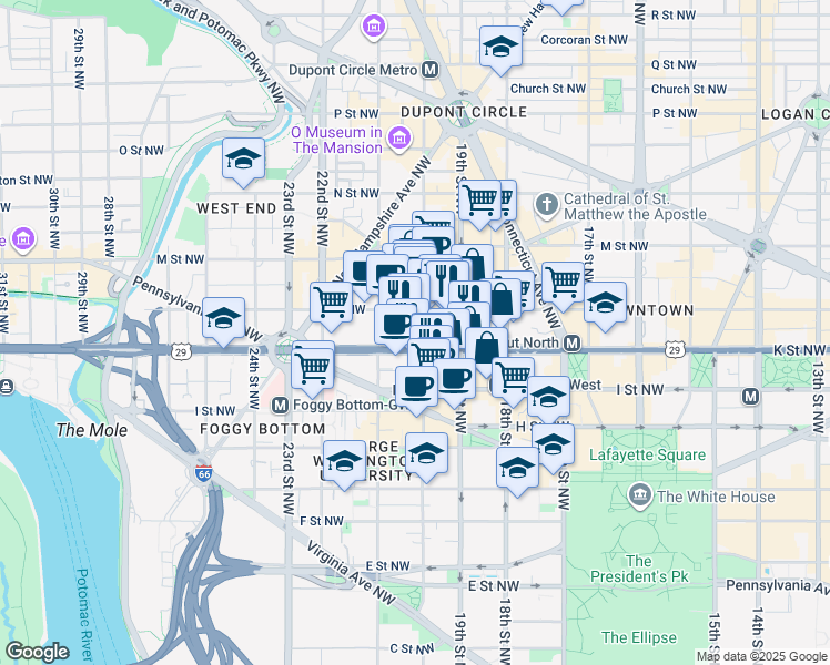 map of restaurants, bars, coffee shops, grocery stores, and more near 2001 K Street Northwest in Washington