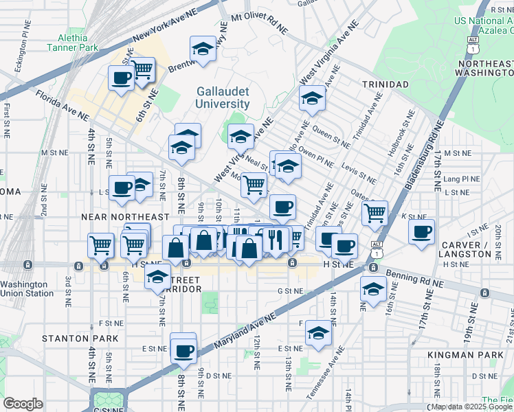 map of restaurants, bars, coffee shops, grocery stores, and more near 1138 Florida Avenue Northeast in Washington