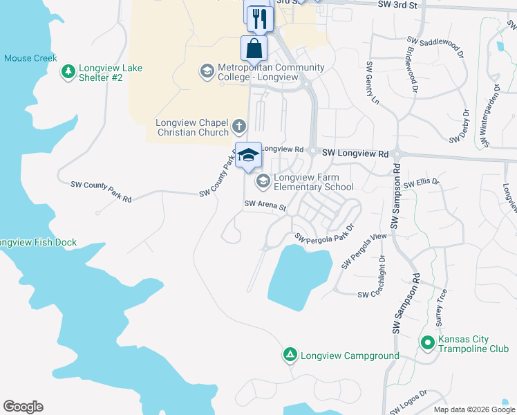 map of restaurants, bars, coffee shops, grocery stores, and more near 3340 Southwest Arena Street in Lee's Summit