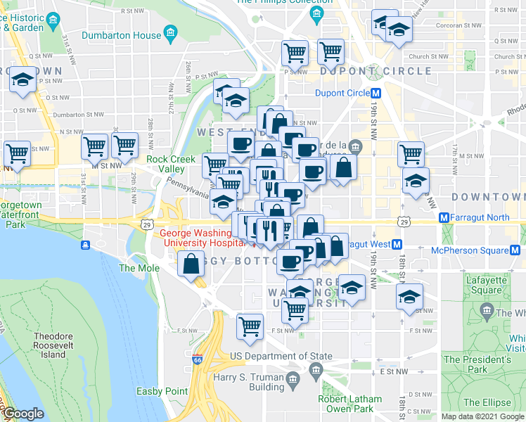 map of restaurants, bars, coffee shops, grocery stores, and more near 23rd St NW & Washington Cir NW in Washington