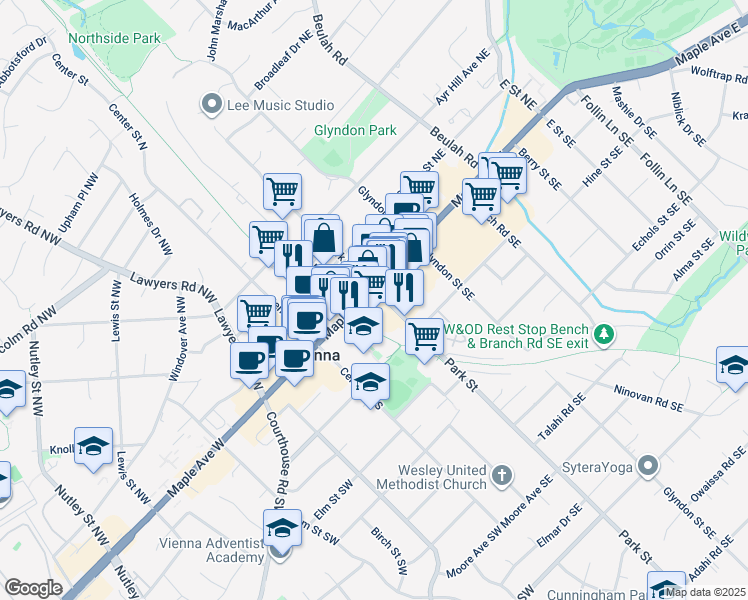 map of restaurants, bars, coffee shops, grocery stores, and more near 101 Park Street in Vienna