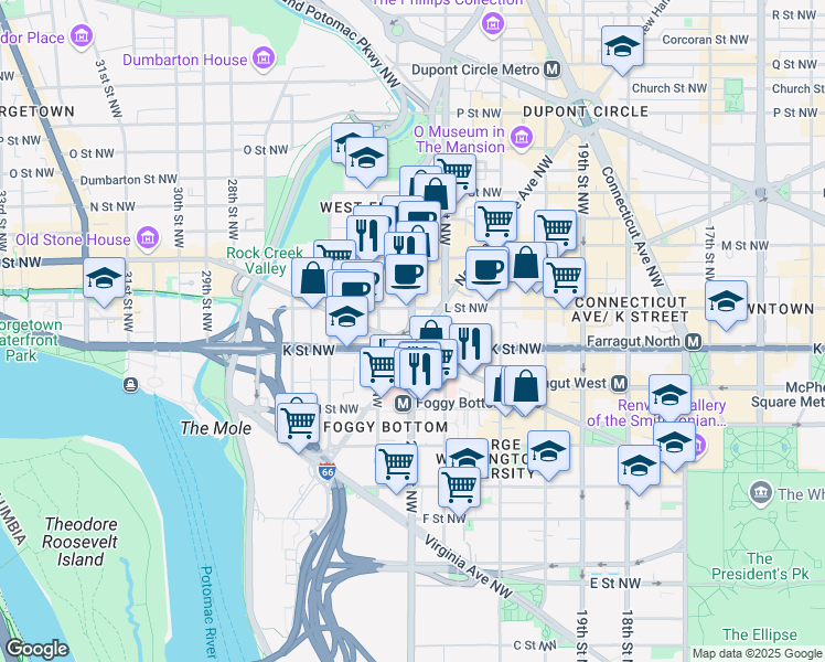 map of restaurants, bars, coffee shops, grocery stores, and more near 1231 25th Street Northwest in Washington