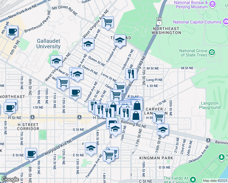 map of restaurants, bars, coffee shops, grocery stores, and more near 1327 Holbrook Street Northeast in Washington