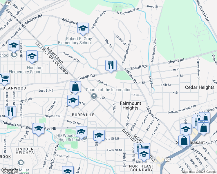 map of restaurants, bars, coffee shops, grocery stores, and more near 5717 Kolb Street in Fairmount Heights