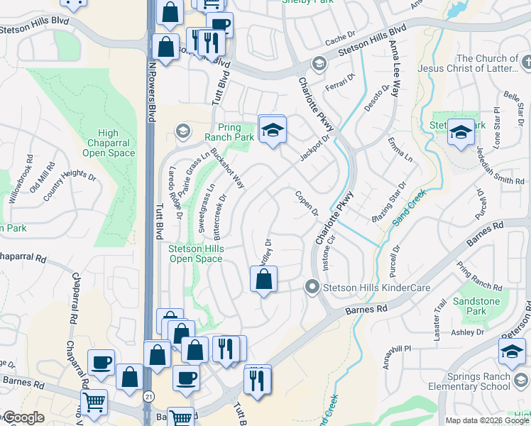 map of restaurants, bars, coffee shops, grocery stores, and more near 4989 Ardley Drive in Colorado Springs