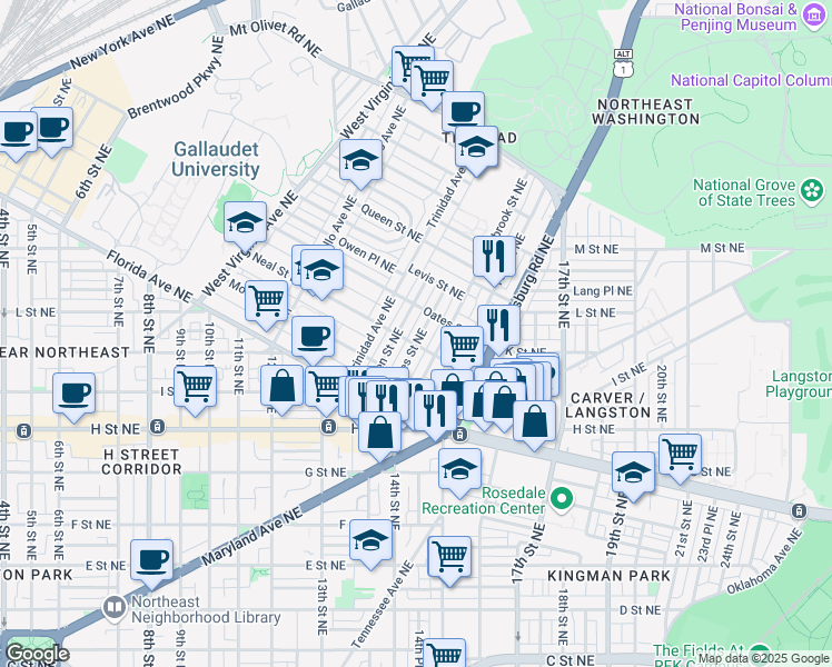 map of restaurants, bars, coffee shops, grocery stores, and more near 1306 Staples Street Northeast in Washington