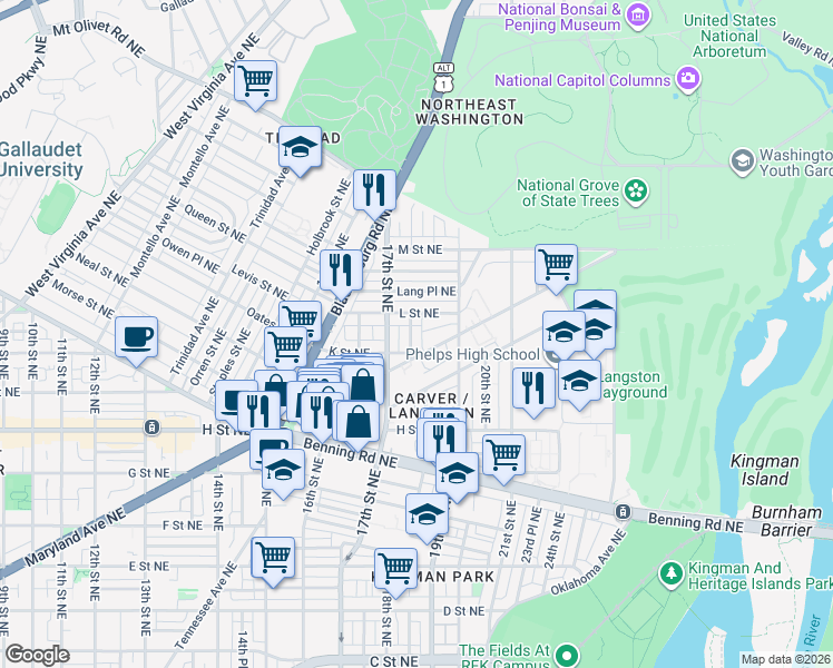 map of restaurants, bars, coffee shops, grocery stores, and more near 101 Independence Avenue Southeast in Washington