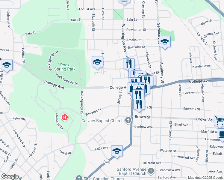 map of restaurants, bars, coffee shops, grocery stores, and more near 2215 College Avenue in Alton