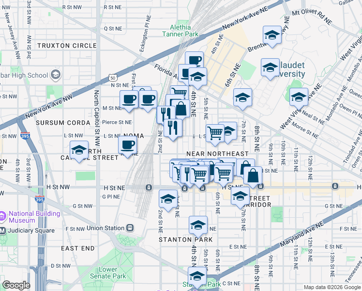 map of restaurants, bars, coffee shops, grocery stores, and more near 1005 3rd Street Northeast in Washington