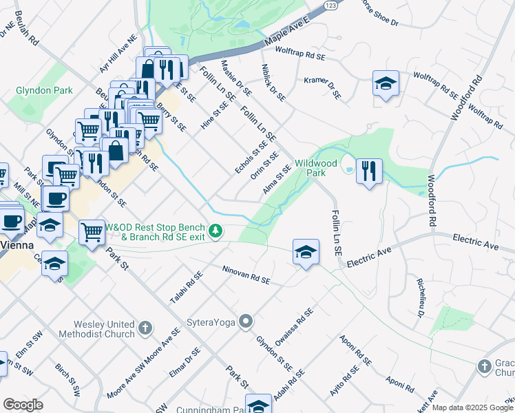 map of restaurants, bars, coffee shops, grocery stores, and more near 611 Delano Drive Southeast in Vienna
