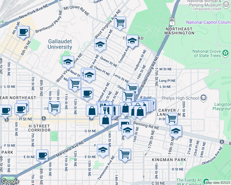map of restaurants, bars, coffee shops, grocery stores, and more near 1306 Staples Street Northeast in Washington