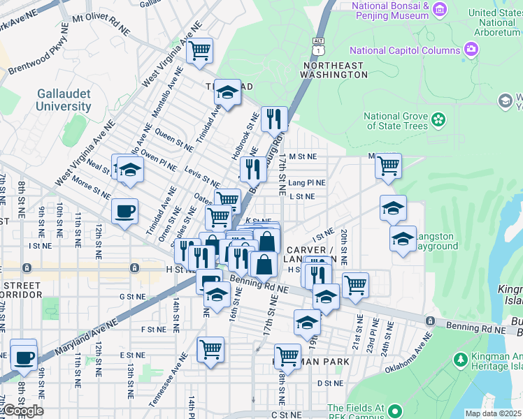 map of restaurants, bars, coffee shops, grocery stores, and more near 1016 17th Place Northeast in Washington