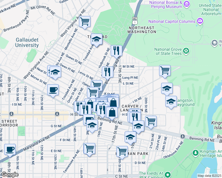 map of restaurants, bars, coffee shops, grocery stores, and more near 101 Independence Avenue Southeast in Washington