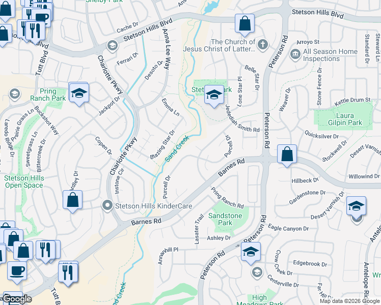 map of restaurants, bars, coffee shops, grocery stores, and more near 4865 Purcell Drive in Colorado Springs
