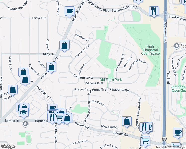 map of restaurants, bars, coffee shops, grocery stores, and more near 5155 Old Farm Circle West in Colorado Springs