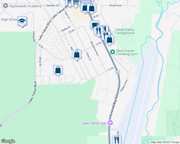 map of restaurants, bars, coffee shops, grocery stores, and more near 1293 Dedi Avenue in South Lake Tahoe