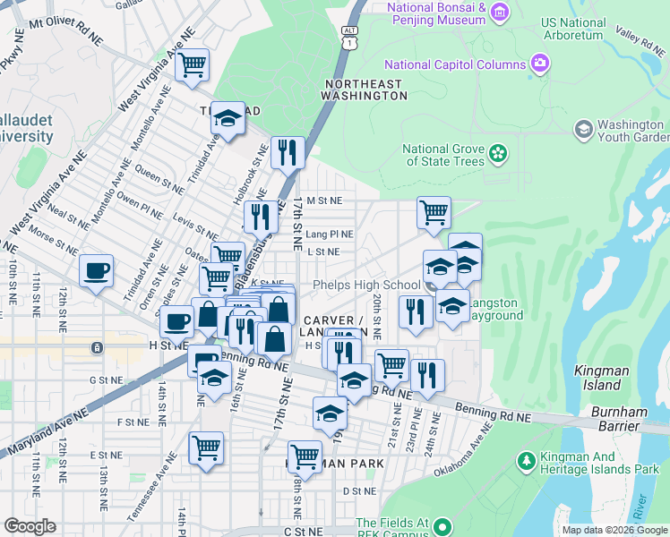 map of restaurants, bars, coffee shops, grocery stores, and more near 101 Independence Avenue Southeast in Washington