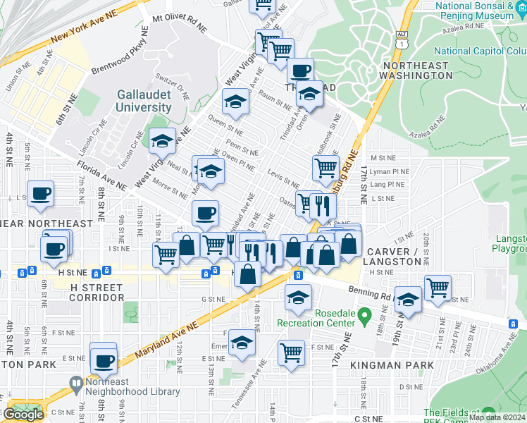 map of restaurants, bars, coffee shops, grocery stores, and more near 101 Independence Avenue Southeast in Washington
