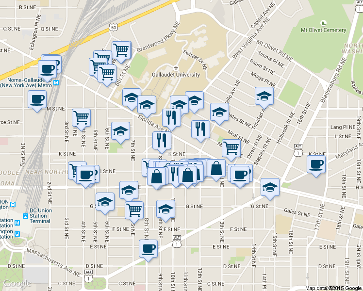 map of restaurants, bars, coffee shops, grocery stores, and more near 101 Independence Avenue Southeast in Washington