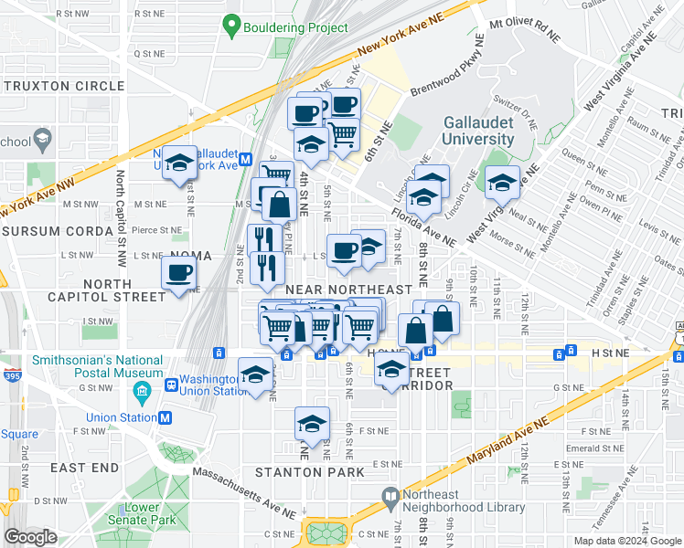 map of restaurants, bars, coffee shops, grocery stores, and more near 101 Independence Avenue Southeast in Washington