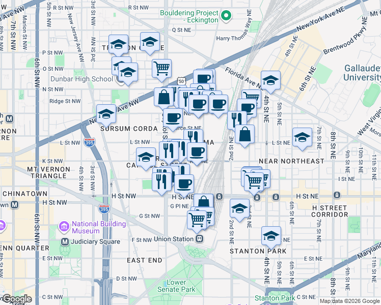map of restaurants, bars, coffee shops, grocery stores, and more near 101 Independence Avenue Southeast in Washington