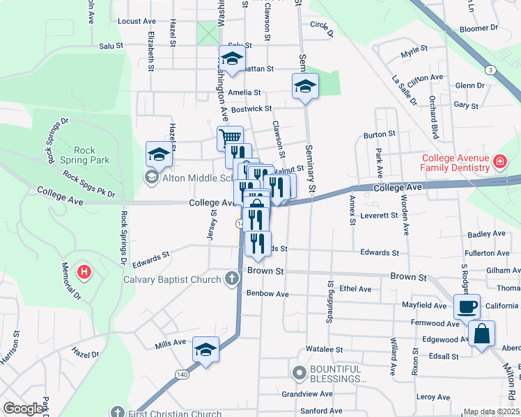 map of restaurants, bars, coffee shops, grocery stores, and more near 1632 Main Street in Alton