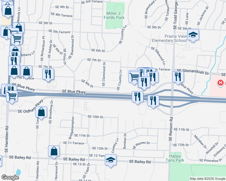 map of restaurants, bars, coffee shops, grocery stores, and more near 1413 Southeast 8th Street in Lee's Summit
