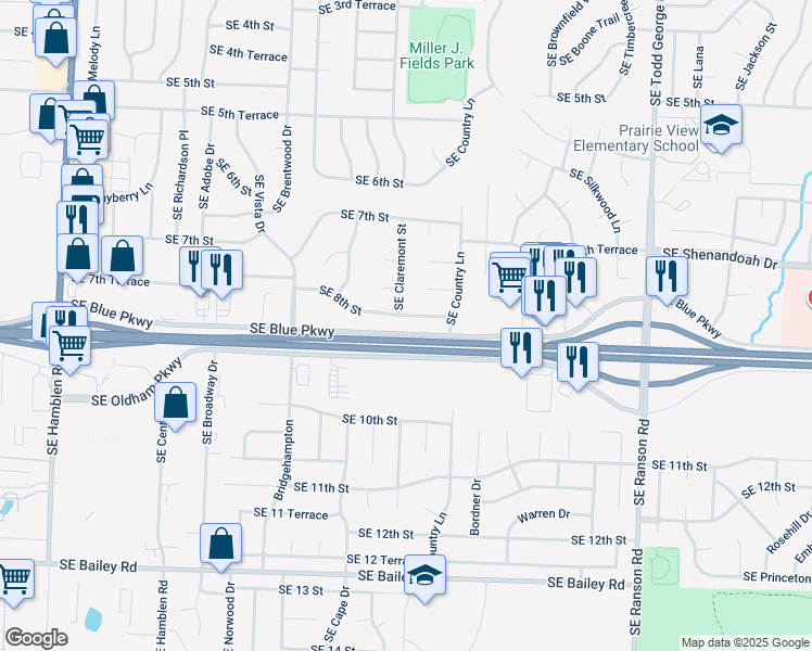 map of restaurants, bars, coffee shops, grocery stores, and more near 1233 Southeast 8th Street in Lee's Summit