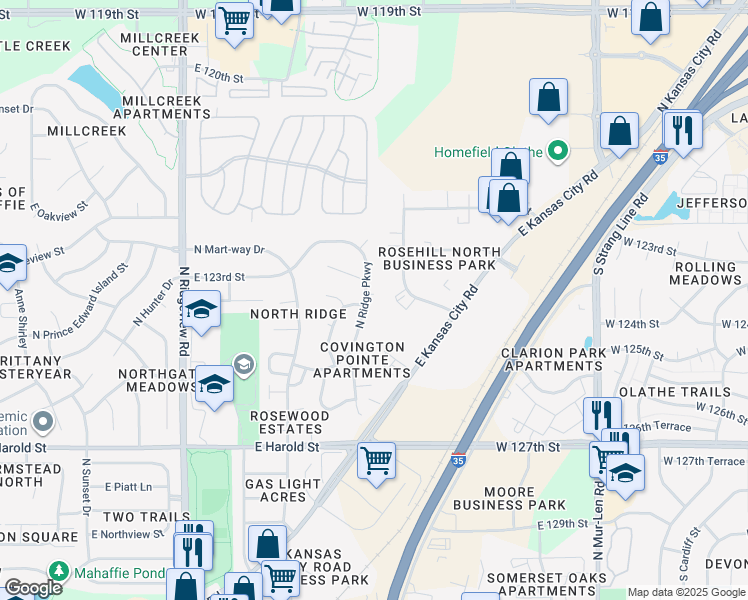 map of restaurants, bars, coffee shops, grocery stores, and more near 1336a North Ridge Parkway in Olathe