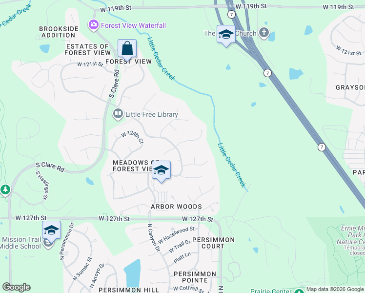 map of restaurants, bars, coffee shops, grocery stores, and more near 12460 South Solomon Road in Olathe