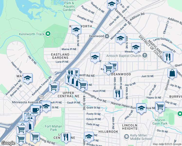 map of restaurants, bars, coffee shops, grocery stores, and more near 1008 45th Street Northeast in Washington
