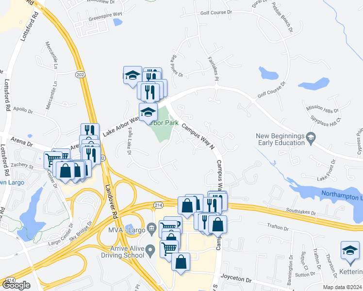 map of restaurants, bars, coffee shops, grocery stores, and more near 1003 Fallcrest Court in Bowie
