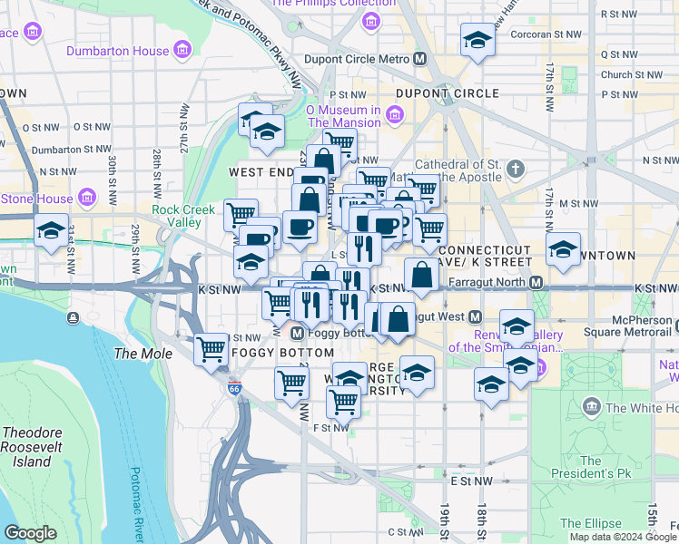 map of restaurants, bars, coffee shops, grocery stores, and more near 1099 22nd Street Northwest in Washington